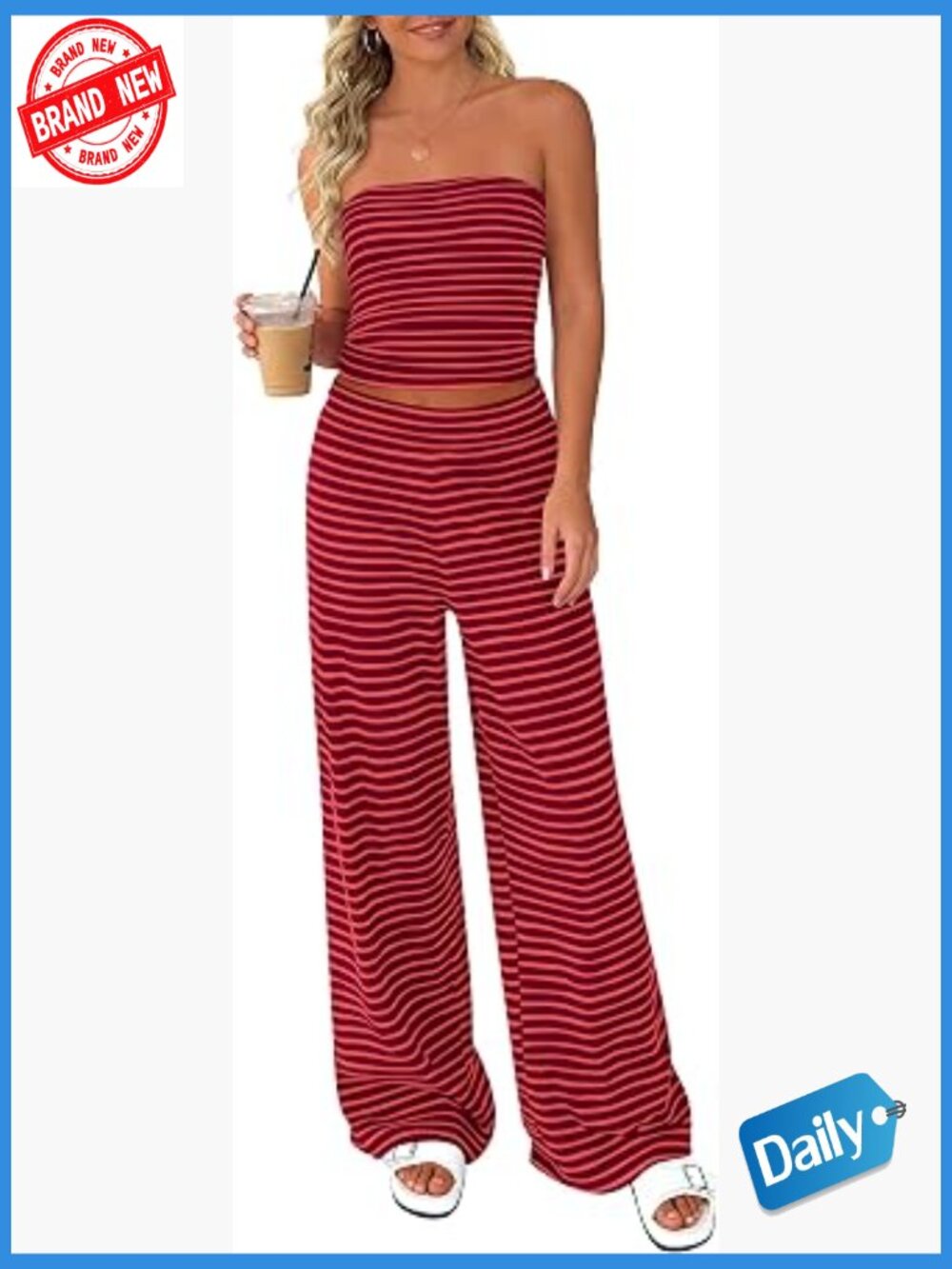 Two Piece Stripe Tube Top & Wide Leg Pants Set Summer Travel Outfit